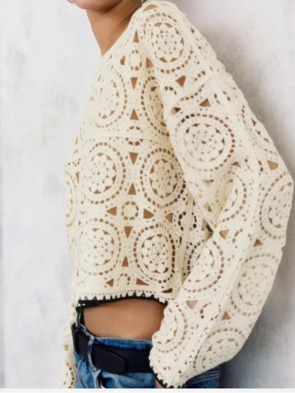 Zara Cream Crochet Lace Long Sleeve Crop Top Black Trim Boho Festival Sheer M